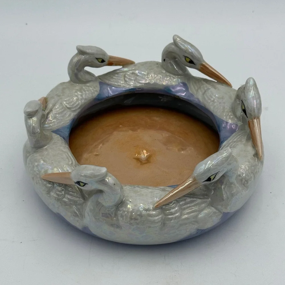 Vintage Japanese Lusterware Pelican Heron Bird Bowl Iridescent Ceramic 6.5